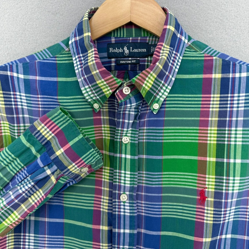 Y2K Ralph Lauren Custom Fit Button Down Long‎ Sleeve Shirt Plaid Green SZ L Prep